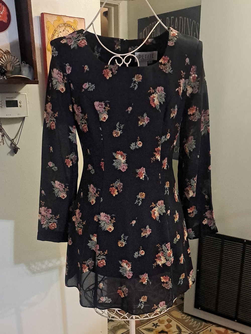 Vintage Petite Sophisticate Whimsigoth Floral Long Sleeve Mini Dress Sz 2